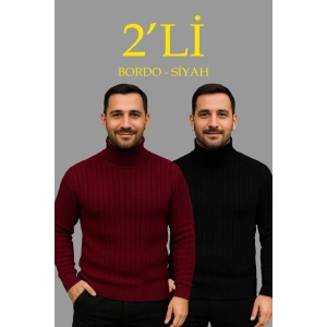 Erkek Fitilli Kazak Tam Boğazlı Balıkçı Yaka Triko 2li Set Bordo-Siyah