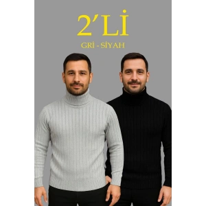 Erkek Fitilli Kazak Tam Boğazlı Balıkçı Yaka Triko 2li Set Gri-Siyah