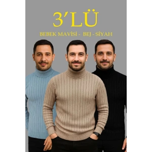 Erkek Fitilli Kazak Tam Boğazlı Balıkçı Yaka Triko 3lü Set Bebek Mavisi-Bej-Siyah
