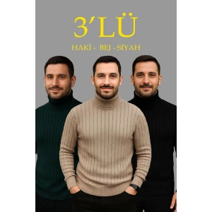 Erkek Fitilli Kazak Tam Boğazlı Balıkçı Yaka Triko 3lü Set  Bej-Haki-Siyah