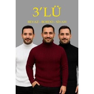 Erkek Fitilli Kazak Tam Boğazlı Balıkçı Yaka Triko 3lü Set Beyaz-Bordo-Siyah