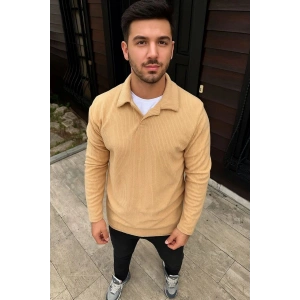 Erkek Fitilli Polar Sweatshirt Düğmesiz Yaka Oversize - Bej