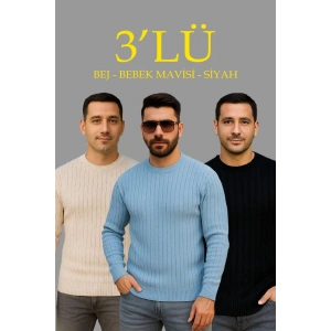 Erkek Fitilli Triko Bisiklet Yaka Kalın Kazak 3lü Set Bej-Bebek Mavisi-Siyah