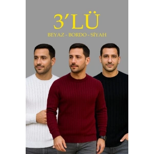 Erkek Fitilli Triko Bisiklet Yaka Kalın Kazak 3lü Set Beyaz-Bordo-Siyah