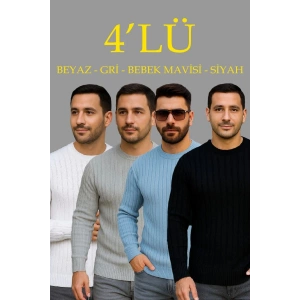 Erkek Fitilli Triko Bisiklet Yaka Kalın Kazak 4lü Set Beyaz-Bebek Mavisi-Gri-Siyah