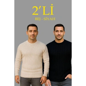 Erkek Fitilli Triko Kazak 2’li Set Bej Beyaz Kalın Dokuma Pamuklu Regular Fit Bisiklet