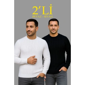Erkek Fitilli Triko Kazak 2’li Set Siyah Beyaz Kalın Dokuma Pamuklu Regular Fit Bisiklet
