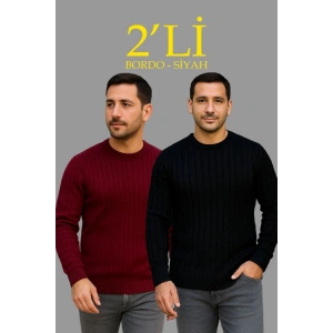 Erkek Fitilli Triko Kazak 2’li Set Siyah Bordo Kalın Dokuma Pamuklu Regular Fit Bisiklet