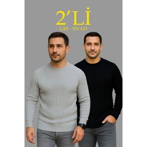 Erkek Fitilli Triko Kazak 2’li Set Siyah Gri Kalın Dokuma Pamuklu Regular Fit Bisiklet