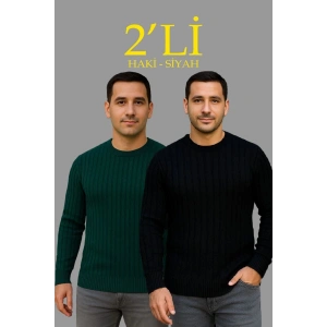 Erkek Fitilli Triko Kazak 2’li Set Siyah Haki Kalın Dokuma Pamuklu Regular Fit Bisiklet