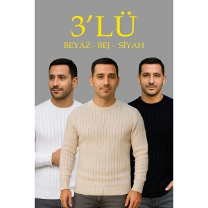 Erkek Fitilli Triko Kazak 3’lü Set Bej Beyaz Siyah | Kalın Dokuma Pamuklu Regular Fit
