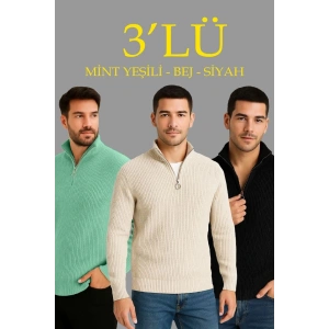 Erkek Fitilli Triko Kazak 3’lü Set Mint Yeşili Siyah Bej Kalın Dokuma Pamuklu Regular Fit