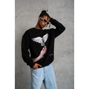 Erkek Güvercin Baskılı 3 iplik Bisiklet Yaka ipamuklu Sweatshirt - Siyah