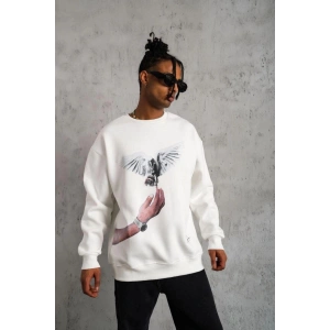 Erkek Güvercin Baskılı 3 iplik pamuklu Bisiklet Yaka Sweatshirt - Beyaz
