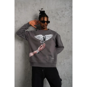 Erkek Güvercin Baskılı 3 iplik pamuklu Bisiklet Yaka Sweatshirt - Gri