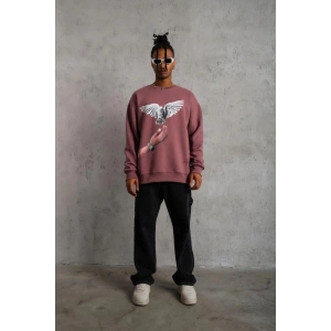 Erkek Güvercin Baskılı Bisiklet Yaka Sweatshirt 3 iplik pamuklu - Gül Kurusu