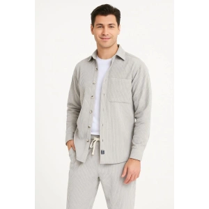 Erkek Kadife Oversize Takım Gömlek Pantolon İkili Set - Gri