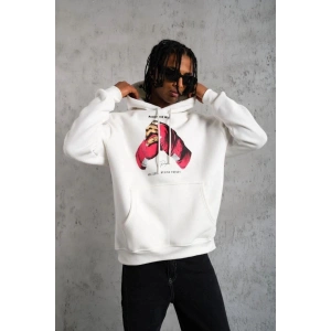 Erkek Kapüşonlu Cepli Boks Eldiven Baskılı 3 İplik Sweatshirt Hoodie - Beyaz