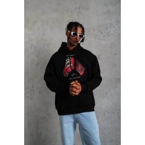 Erkek Kapüşonlu Cepli Box Eldiven Baskılı 3 İplik Sweatshirt Hoodie - Siyah