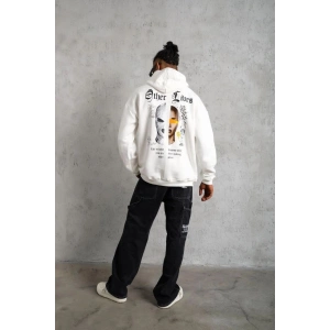 Erkek Kapüşonlu Kanguru Cepli Sweatshirt 3 İplik Pamuklu Baskılı Hoodie - Beyaz