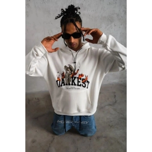 Erkek Kapüşonlu Kanguru Cepli Sweatshirt 3 İplik Pamuklu Baskılı Hoodie - Beyaz