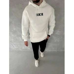 Erkek Kapüşonlu Kanguru Cepli Sweatshirt 3 İplik Pamuklu Baskılı Hoodie -  Beyaz