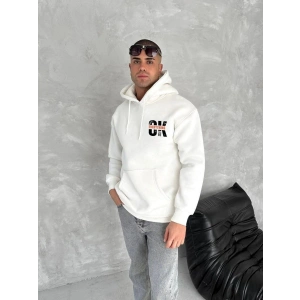 Erkek Kapüşonlu Kanguru Cepli Sweatshirt 3 İplik Pamuklu Baskılı Hoodie - Beyaz