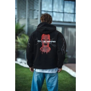 Erkek Kapüşonlu Kanguru Cepli Sweatshirt 3 İplik Pamuklu Baskılı Hoodie -  Siyah