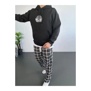Erkek Kapüşonlu Kanguru Cepli Sweatshirt 3 İplik Pamuklu Baskılı Hoodie - Siyah
