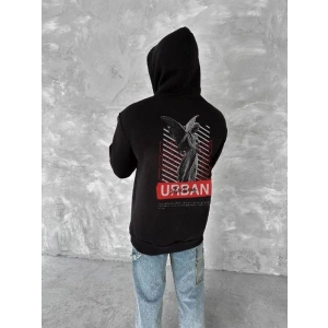 Erkek Kapüşonlu Kanguru Cepli Sweatshirt 3 İplik Pamuklu Baskılı Hoodie - Siyah