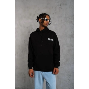 Erkek Kapüşonlu Kanguru Cepli Sweatshirt 3 İplik Pamuklu Baskılı Hoodie - Siyah