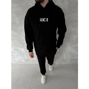 Erkek Kapüşonlu Kanguru Cepli Sweatshirt 3 İplik Pamuklu Baskılı Hoodie -  Siyah