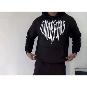 Erkek Kapüşonlu Kanguru Cepli Sweatshirt 3 İplik Pamuklu Baskılı Hoodie -  Siyah