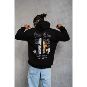 Erkek Kapüşonlu Kanguru Cepli Sweatshirt 3 İplik Pamuklu Baskılı Hoodie - Siyah