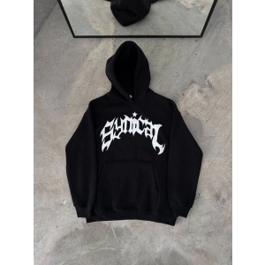 Erkek Kapüşonlu Kanguru Cepli Sweatshirt 3 İplik Pamuklu Baskılı Hoodie - Siyah