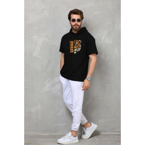 Erkek Kapüşonlu Kısa Kol Oversize Baskılı T-Shirt - Siyah