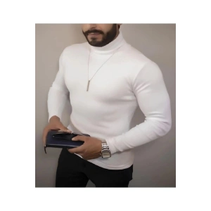 Erkek Kaşkorse Boğazlı Full Likralı Fitilli Body Kazak - Beyaz
