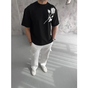 Erkek Kısa Kol Tişört Bisiklet Yaka GÜL Baskılı Oversize T-Shirt - Siyah