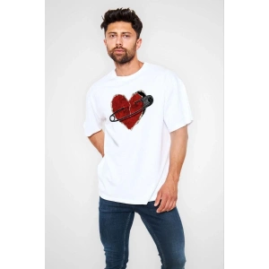 Erkek Kısa Kol Tişört Bisiklet Yaka KALP Baskılı Oversize T-Shirt - Beyaz