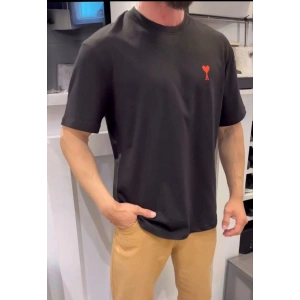 Erkek Kısa Kol Tişört Bisiklet Yaka KALP Baskılı Oversize T-Shirt - Siyah