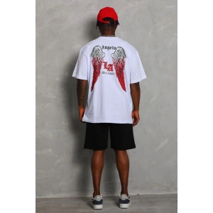 Erkek Kısa Kol Tişört Bisiklet Yaka KANAT Baskılı Oversize T-Shirt - Beyaz