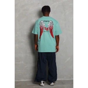 Erkek Kısa Kol Tişört Bisiklet Yaka KANAT Baskılı Oversize T-Shirt - Mint Yeşili