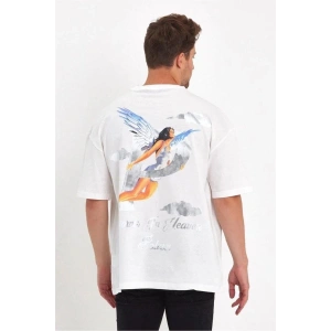 Erkek Kısa Kol Tişört Bisiklet Yaka MELEK Baskılı Oversize T-Shirt - Beyaz