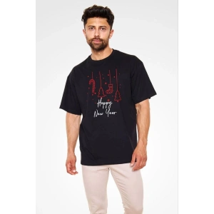 Erkek Kısa Kol Tişört Bisiklet Yaka Yeni Yıl Baskılı T-Shirt - Siyah