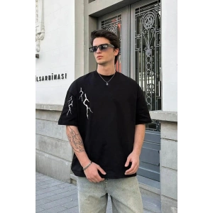Erkek Kısa Kol Tişört Bisiklet Yaka Yıldırım Baskılı Oversize T-Shirt - Siyah