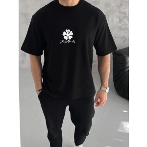 Erkek Kısa Kol Tişört Bisiklet Yaka YONCA Baskılı Oversize T-Shirt - Siyah