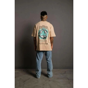 Erkek Kısa Kol Yazlık Tişört Bisiklet Yaka Baskılı Oversize T-Shirt - Bej