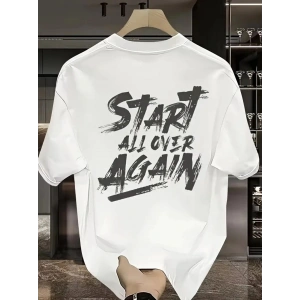 Erkek Kısa Kol Yazlık Tişört Bisiklet Yaka Baskılı Oversize T-Shirt - Beyaz
