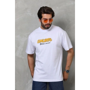 Erkek Kısa Kol Yazlık Tişört Bisiklet Yaka Baskılı Oversize T-Shirt - Beyaz