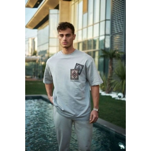 Erkek Kısa Kol Yazlık Tişört Bisiklet Yaka Baskılı Oversize T-Shirt - Boyalı Gri
